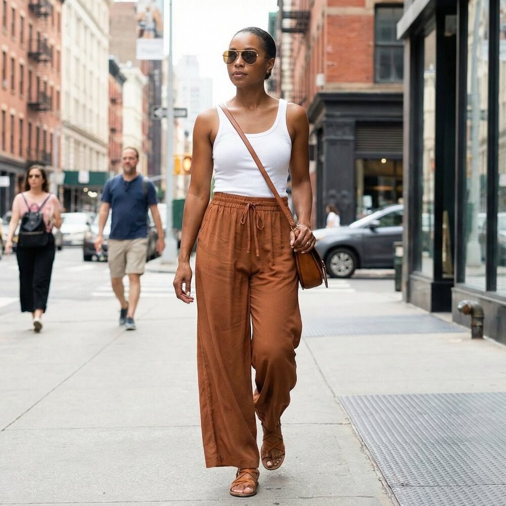 Long Length Elegant Wide Leg Pants - Soft Polyester, Fake Drawstring,